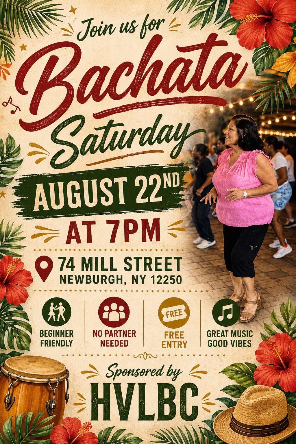Bachata Saturday free class flyer — August 22 at 7 PM