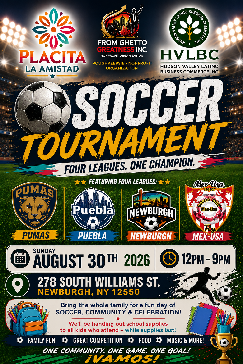 Soccer Tournament flyer featuring Pumas, Puebla, Newburgh, and Mex-USA leagues
